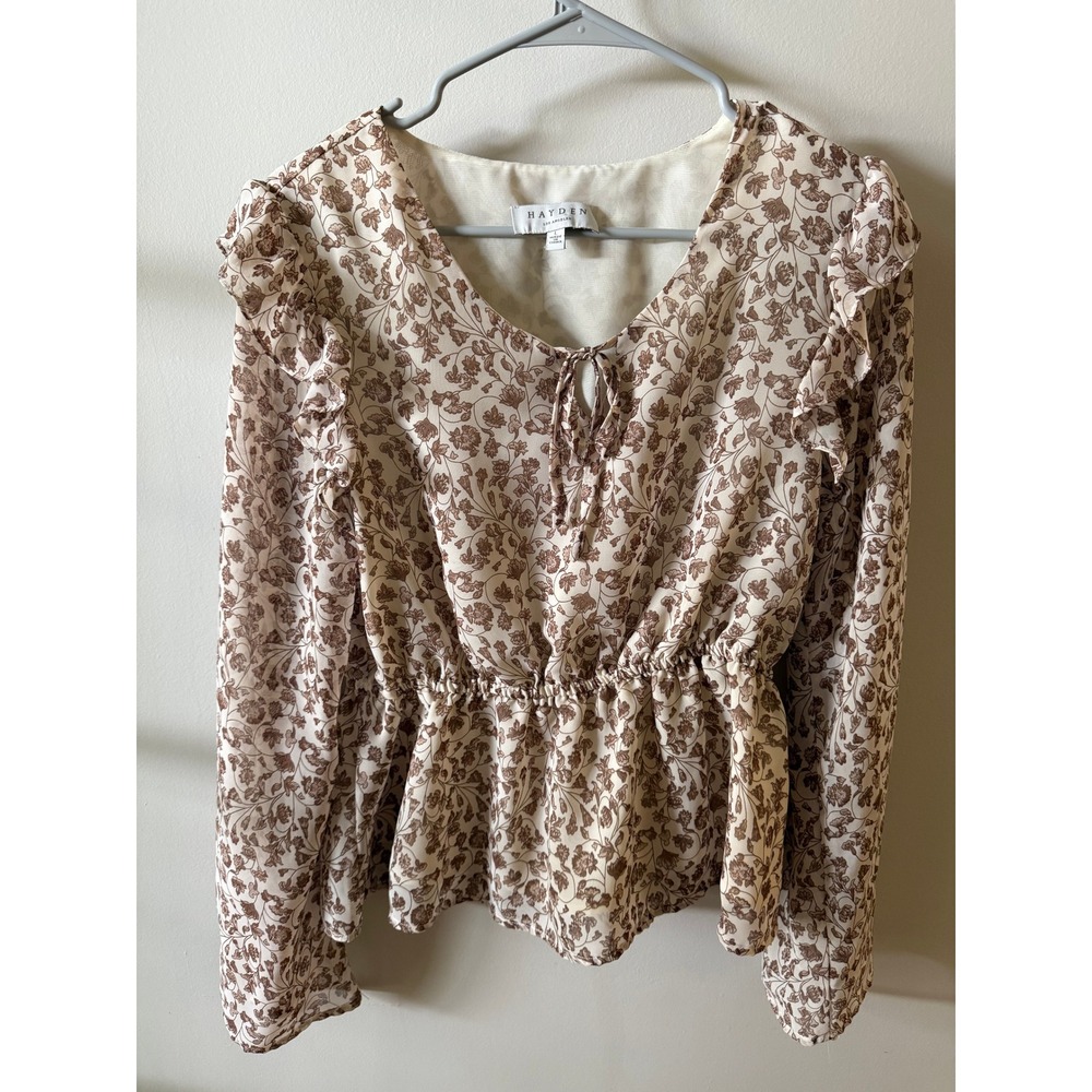 Hayden Los Angeles Floral Peplum Top Brown Cream Ruffle V-Neck Tie Blouse Large
